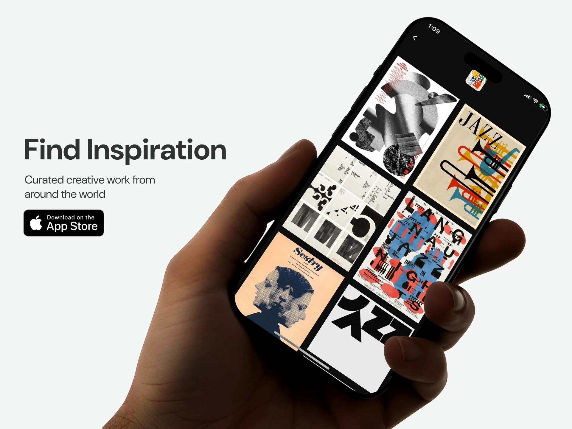  Hand holding an iPhone displaying a grid of creative poster designs